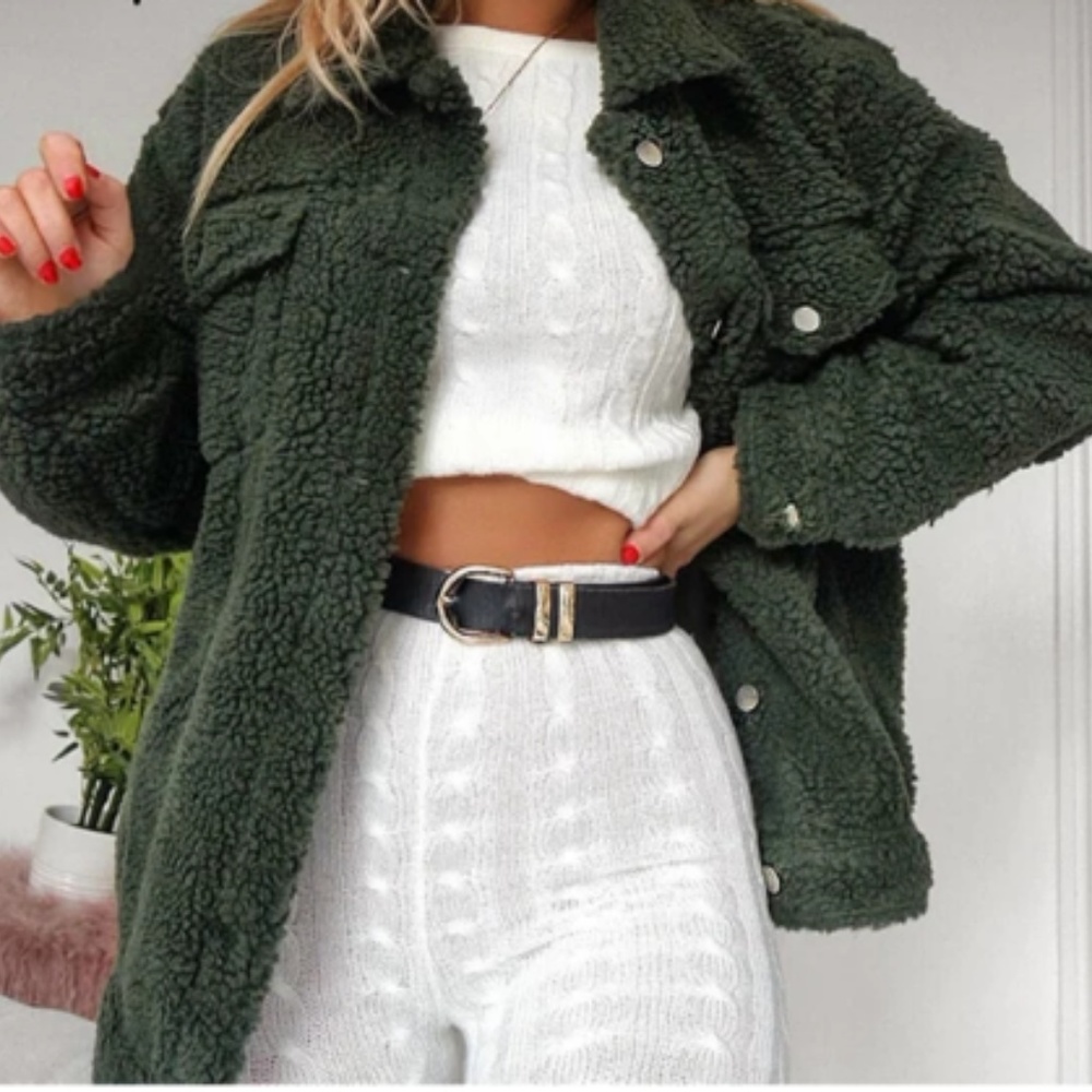 Teddy Bear Faux Shearling Trucker Jacket | Olive - Picture 2 of 5